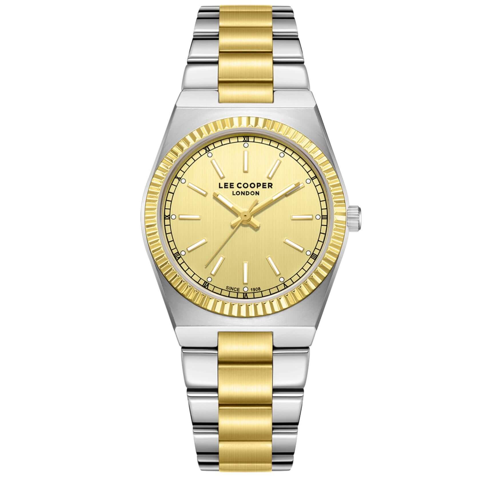 Γυναικείο ρολόι Lee Cooper Ladies LC08375.210 με δίχρωμο ατσάλινο μπρασελέ, χρυσό καντράν και κάσα 31 mm.