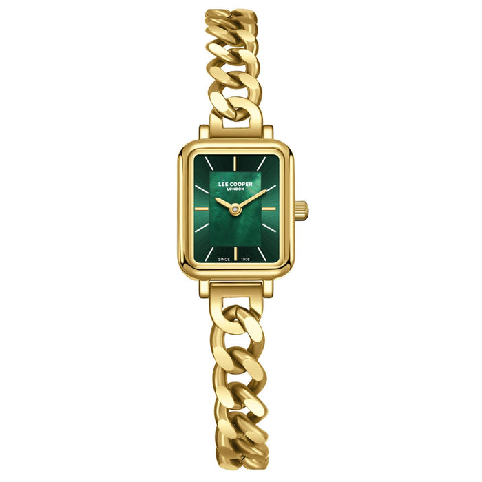 Γυναικείο ρολόι Lee Cooper Ladies LC08384.170 με χρυσό ατσάλινο μπρασελέ τύπου αλυσίδας, πράσινο καντράν και κάσα 17.5 mm σε τετράγωνο σχήμα.