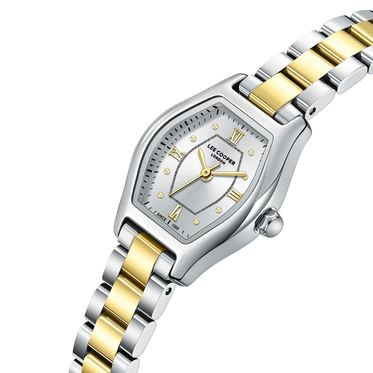 Καντράν από γυναικείο ρολόι Lee Cooper Ladies LC08391.230 σε ασημί χρώμα με χρυσούς δείκτες και κάσα 22 mm σε οβάλ σχήμα.