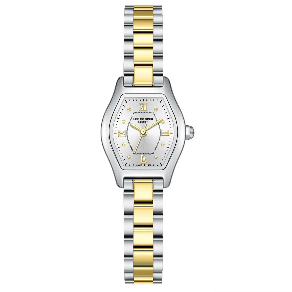 Γυναικείο ρολόι Lee Cooper Ladies LC08391.230 με δίχρωμο ατσάλινο μπρασελέ, ασημί καντράν και κάσα 22 mm σε οβάλ σχήμα.