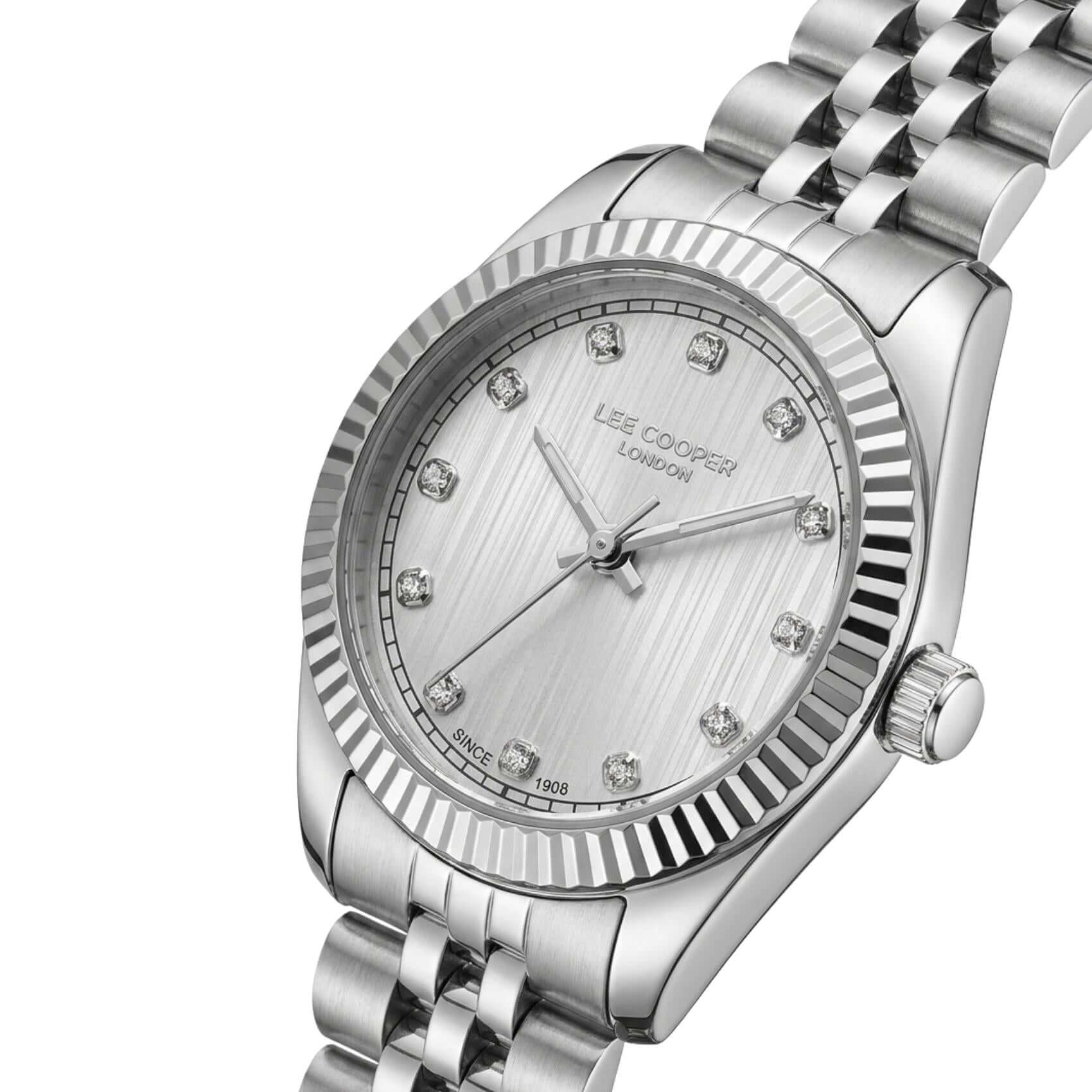 Ασημί καντράν 24mm του γυναικείου ρολογιού Lee Cooper Ladies LC08400.330 διακοσμημένο με ζιργκόν.