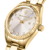 Φωτογραφία του ασημί καντράν του Maserati Competizione R8853100506, διακοσμημένου με λαμπερά ζιργκόν και προστατευμένο με ορυκτό κρύσταλλο ειδικής σκλήρυνσης.