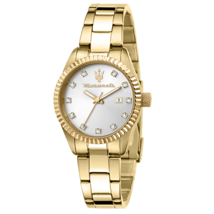 Γυναικείο ρολόι Maserati Competizione R8853100506 με χρυσό μπρασελέ, ασημί καντράν με ζιργκόν και επίχρυση κάσα 31mm.