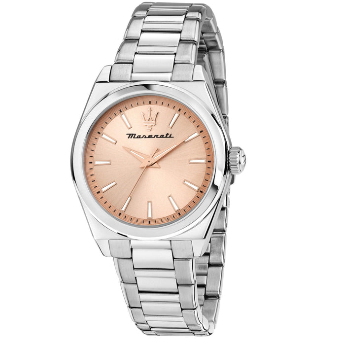 Γυναικείο ρολόι Maserati Velocita R8853152505 με ασημί μπρασελέ, ροζ χρυσό καντράν με διαμαντάκια και κάσα 35mm