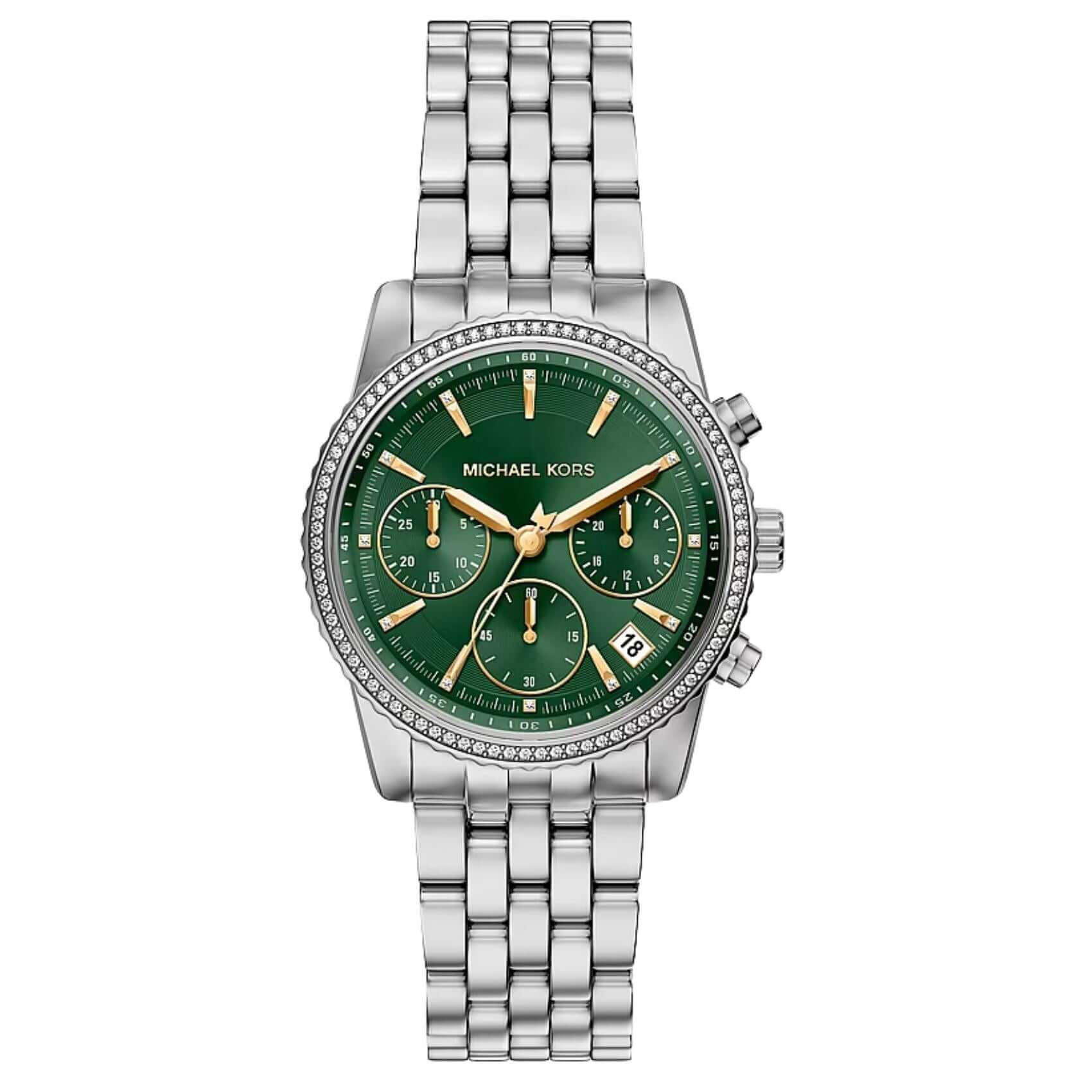 Γυναικείο ρολόι Michael Kors Bryant MK7583 με ασημί μπρασελέ, πράσινο καντράν 35mm και λαμπερά ζιργκόν.