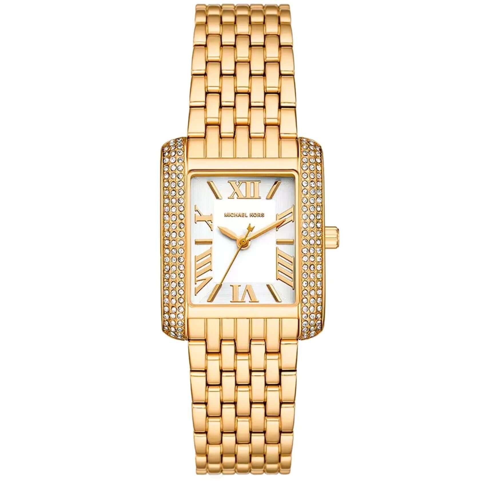 Γυναικείο ρολόι Michael Kors Emery MK4826 με χρυσό ατσάλινο μπρασελέ και λευκό τετράγωνο καντράν 27mm διακοσμημένο με ζιργκόν, σε καθαρή front λήψη που αναδεικνύει τη λάμψη και τη λεπτομέρεια του σχεδιασμού.