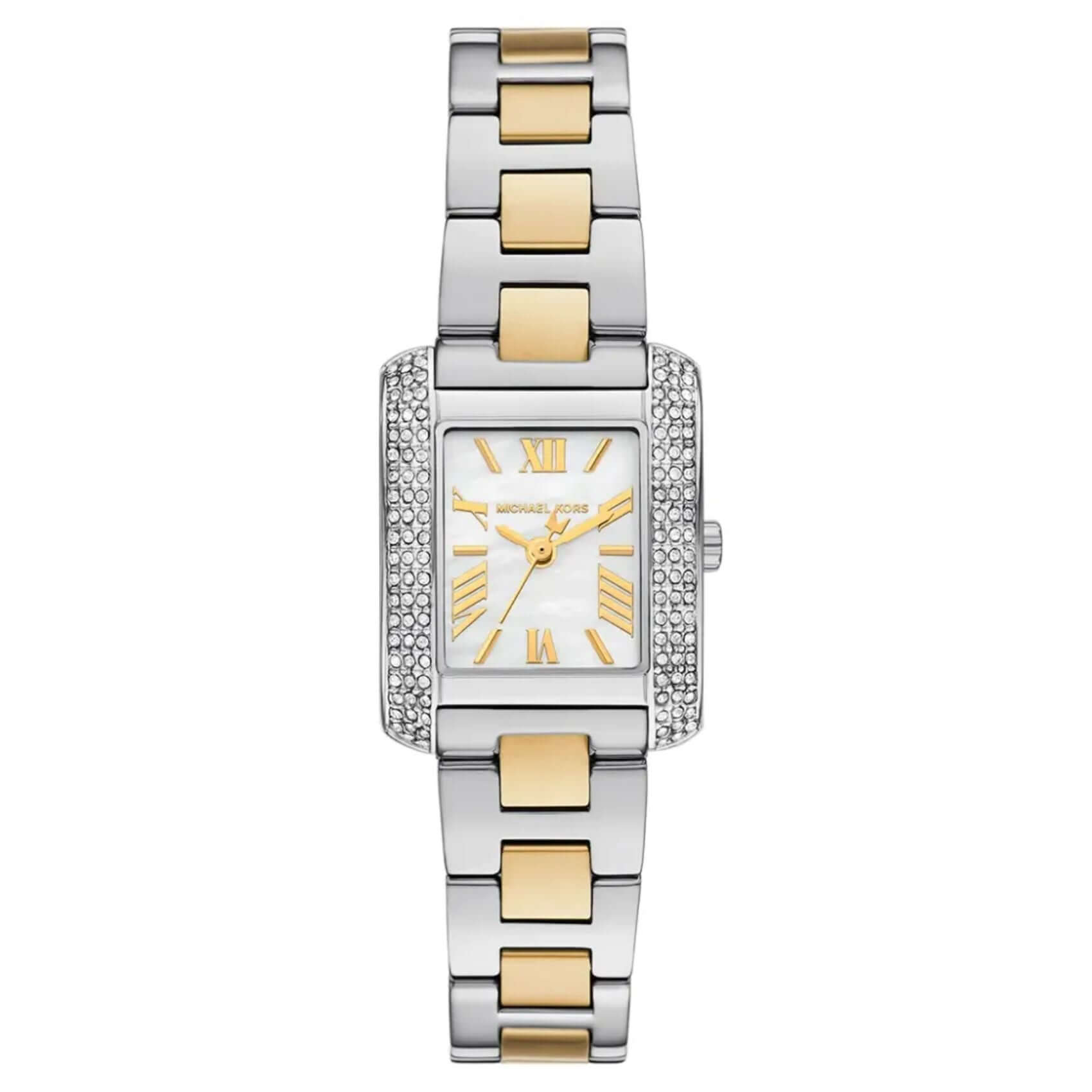 Γυναικείο ρολόι Michael Kors Emery MK4882 με δίχρωμο ατσάλινο μπρασελέ σε ασημί-χρυσό χρώμα και τετράγωνο άσπρο φίλντισι καντράν.