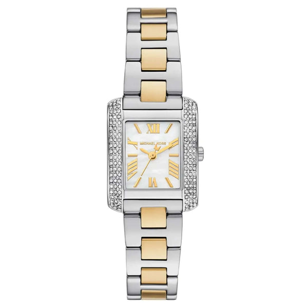 Γυναικείο ρολόι Michael Kors Emery MK4882 με δίχρωμο ατσάλινο μπρασελέ σε ασημί-χρυσό χρώμα και τετράγωνο άσπρο φίλντισι καντράν.