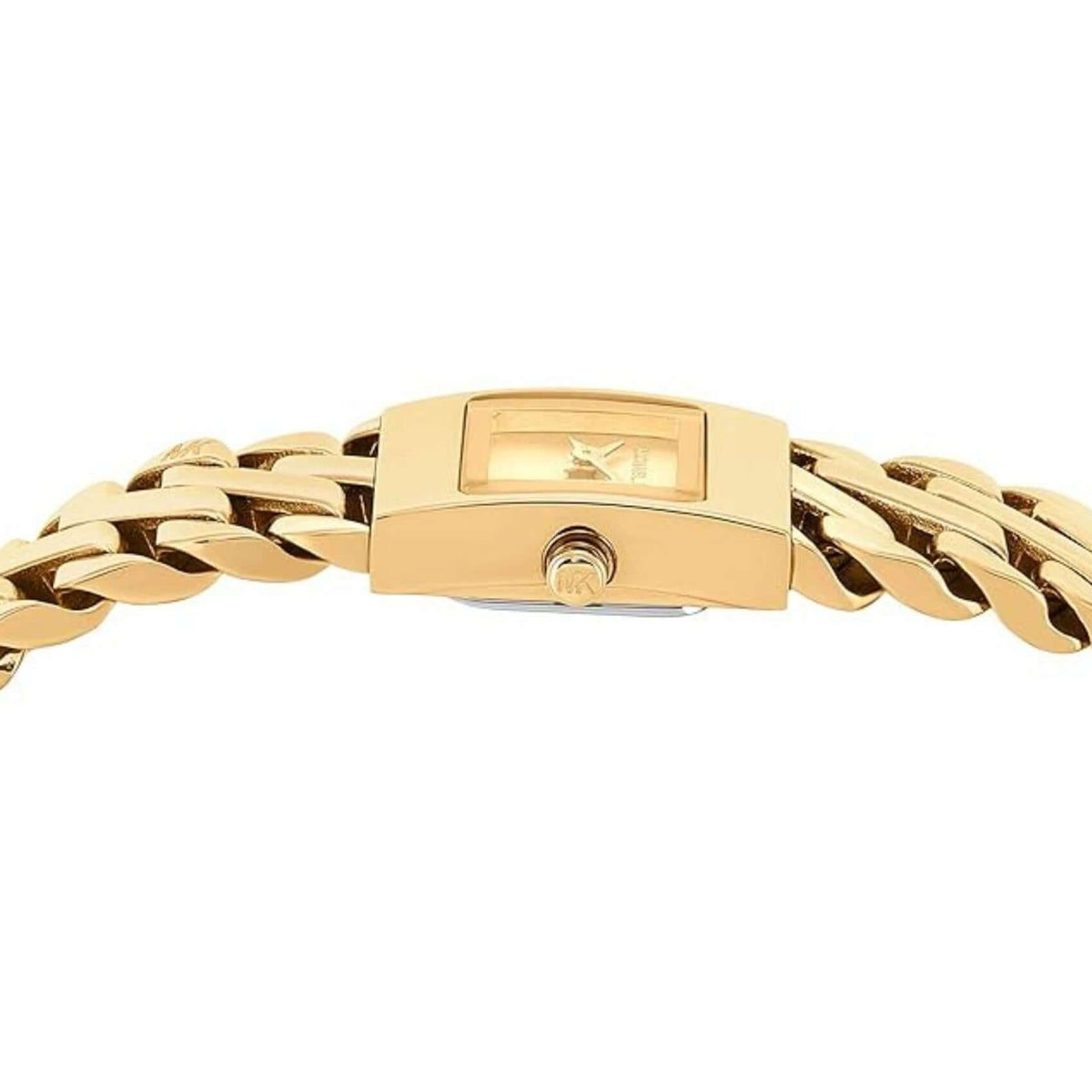Πλάγια λήψη του γυναικείου ρολογιού Michael Kors Emery MK4907, με έμφαση στο προφίλ της μικρής κάσας 14mm, τις γωνίες του χρυσού τετράγωνου καντράν και το χρυσό μπρασελέ.