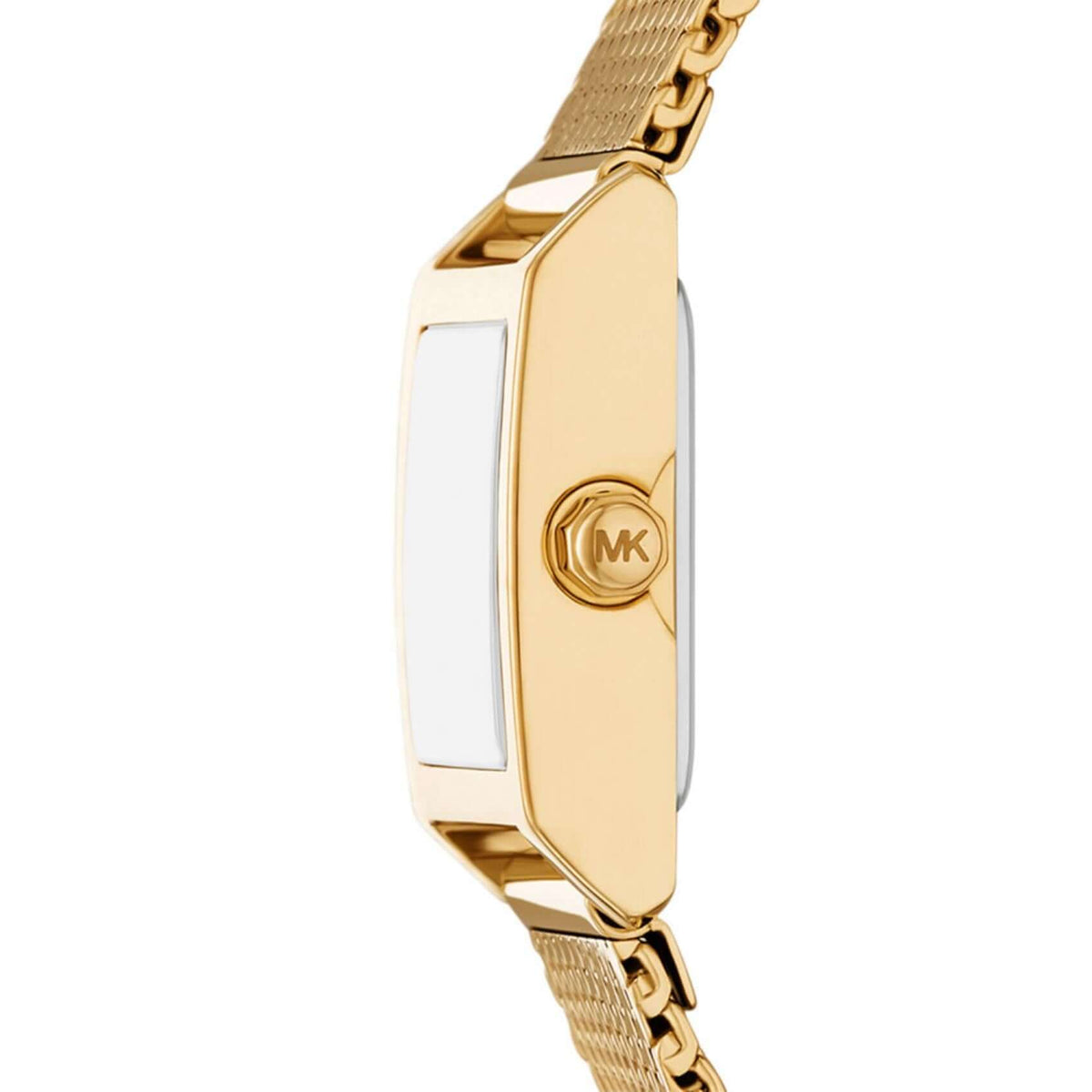 Πλάγια λήψη του Michael Kors Georgie MK4959 που αναδεικνύει την τετράγωνη κάσα 19mm και το χρυσό ατσάλινο μπρασελέ.