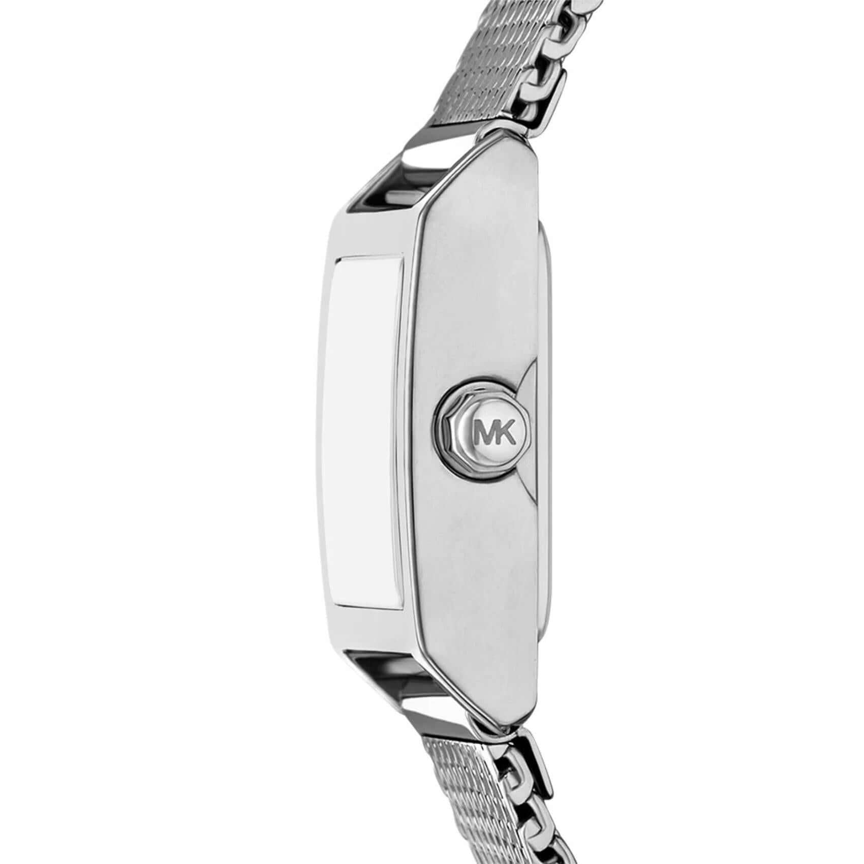 Πλάγια λήψη του Michael Kors Georgie MK4961 που αναδεικνύει την τετράγωνη κάσα 19mm και το ασημί ατσάλινο μπρασελέ.
