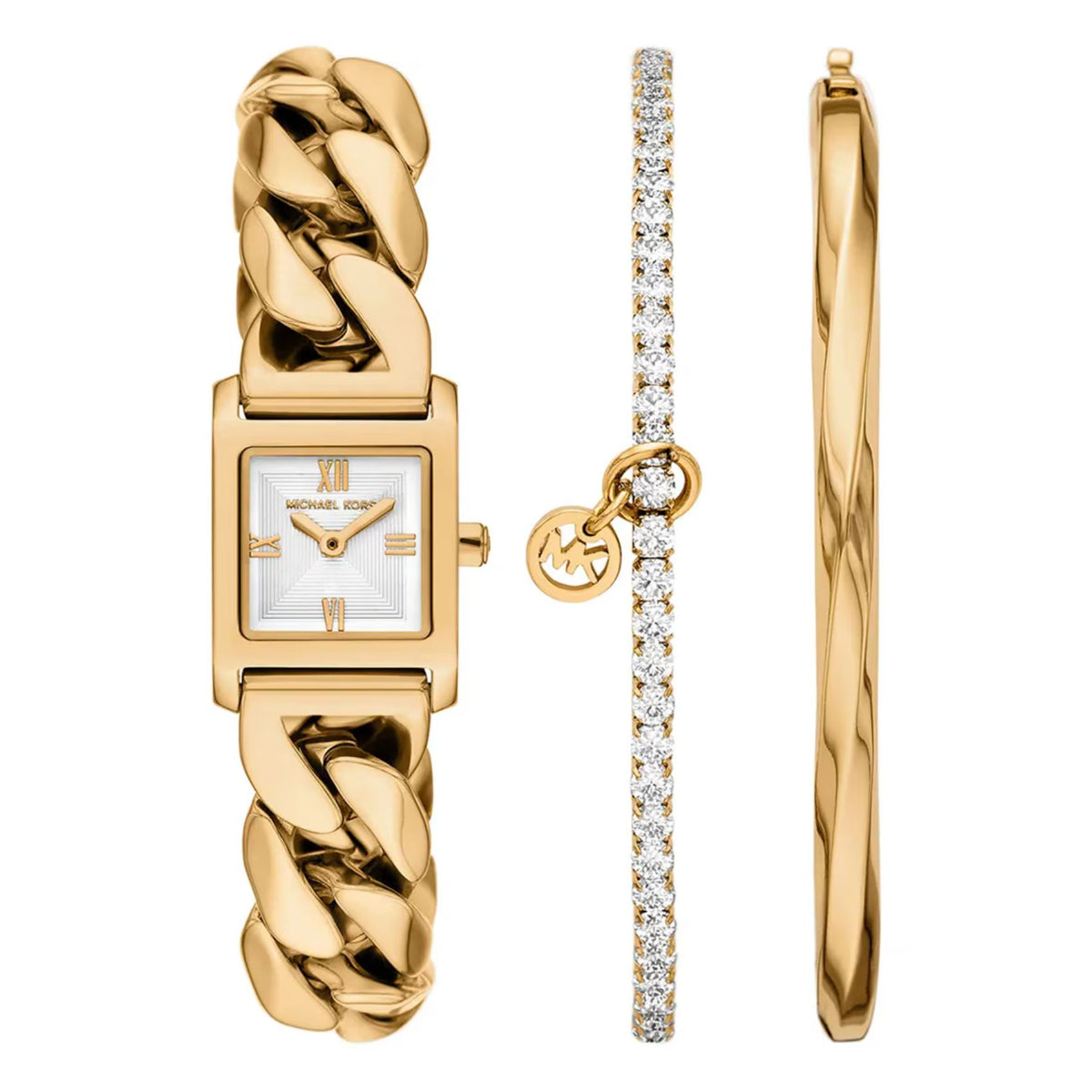 Γυναικείο ρολόι Michael Kors Georgie MK7655SET με χρυσό μπρασελέ και λευκό καντράν, χρυσό βραχιόλι ριβιέρα με ζιργκόν & bangle
