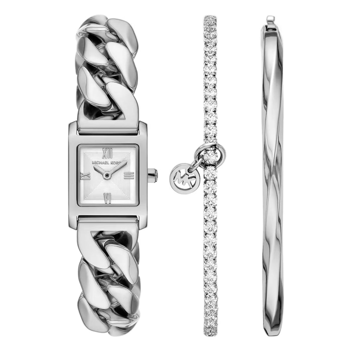 Γυναικείο ρολόι Michael Kors Georgie MK7657SET με ασημί μπρασελέ και ασημί καντράν με ασημί βραχιόλι ριβιέρα και βραχιόλι bangle