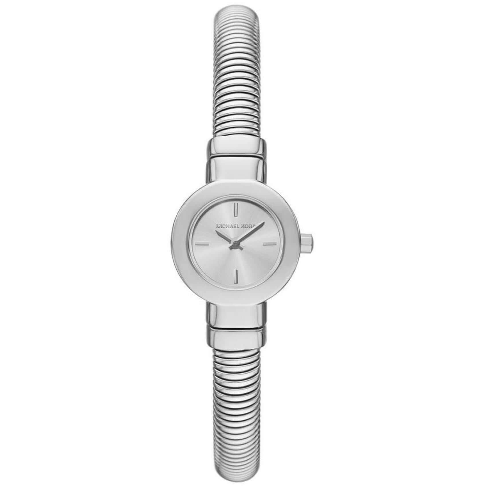 Γυναικείο ρολόι Michael Kors Gramercy MK7529 με ατσάλινο ασημί μπρασελέ και ασημί καντράν 21mm, λήψη που αναδεικνύει τη μίνιμαλ αισθητική και τη λεπτομέρεια του σχεδιασμού.