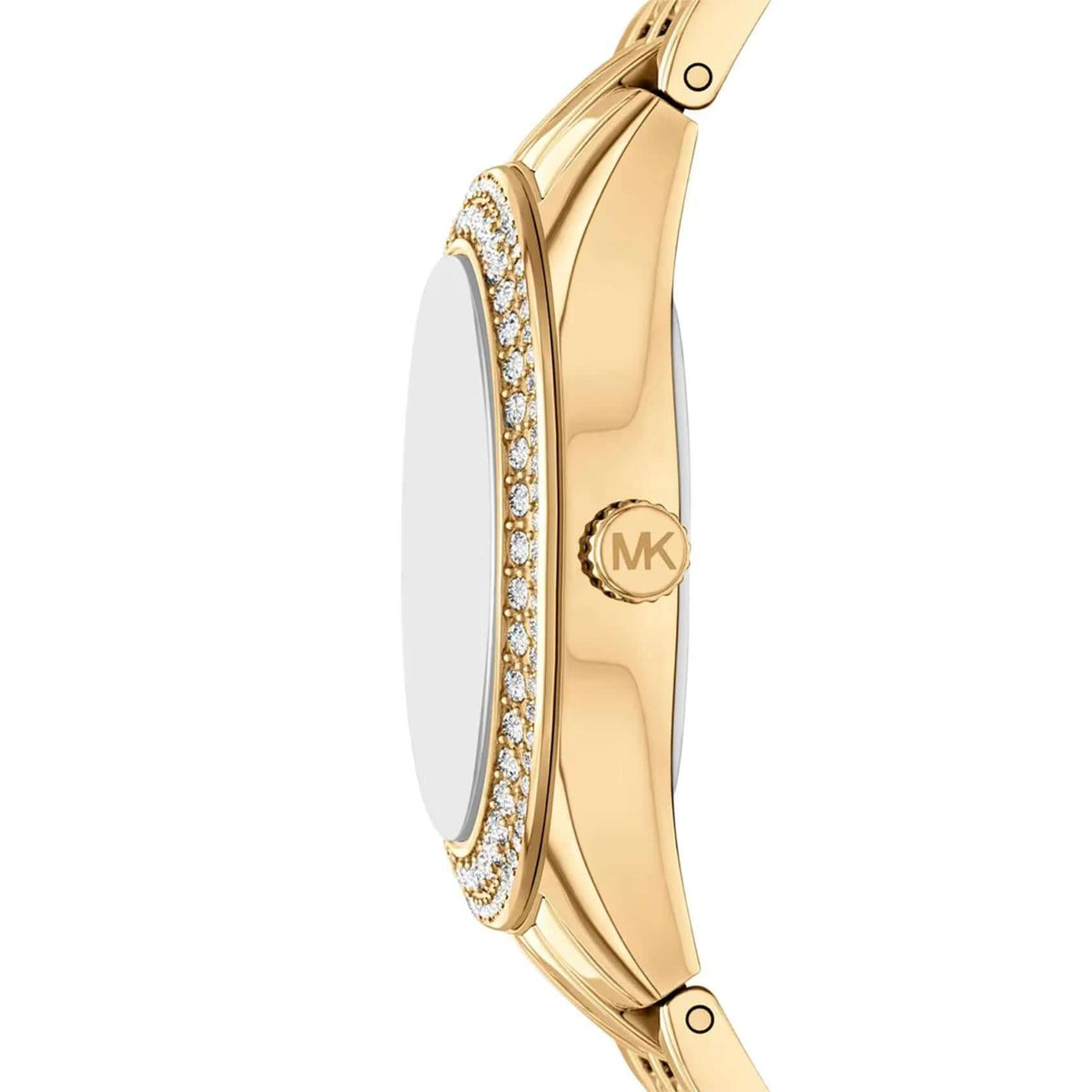 Πλάγια λήψη του Michael Kors Harlowe MK4974 που αναδεικνύει την κάσα 33mm και το χρυσό ατσάλινο μπρασελέ.