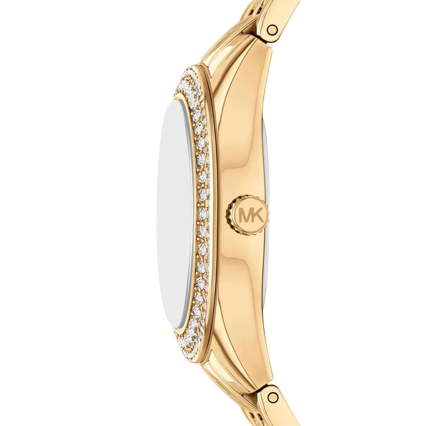 Πλάγια λήψη του Michael Kors Harlowe MK4974 που αναδεικνύει την κάσα 33mm και το χρυσό ατσάλινο μπρασελέ.