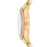 Πλάγια λήψη του Michael Kors Harlowe MK4974 που αναδεικνύει την κάσα 33mm και το χρυσό ατσάλινο μπρασελέ.