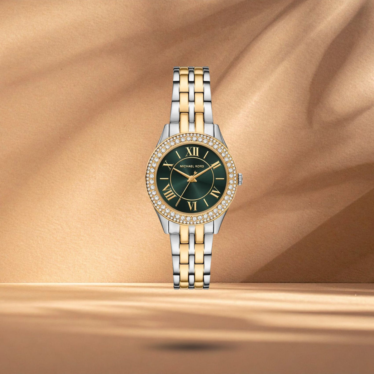 Γυναικείο ρολόι Michael Kors Harlowe MK7654 με ασημί-χρυσό μπρασελέ και πράσινο καντράν 33mm