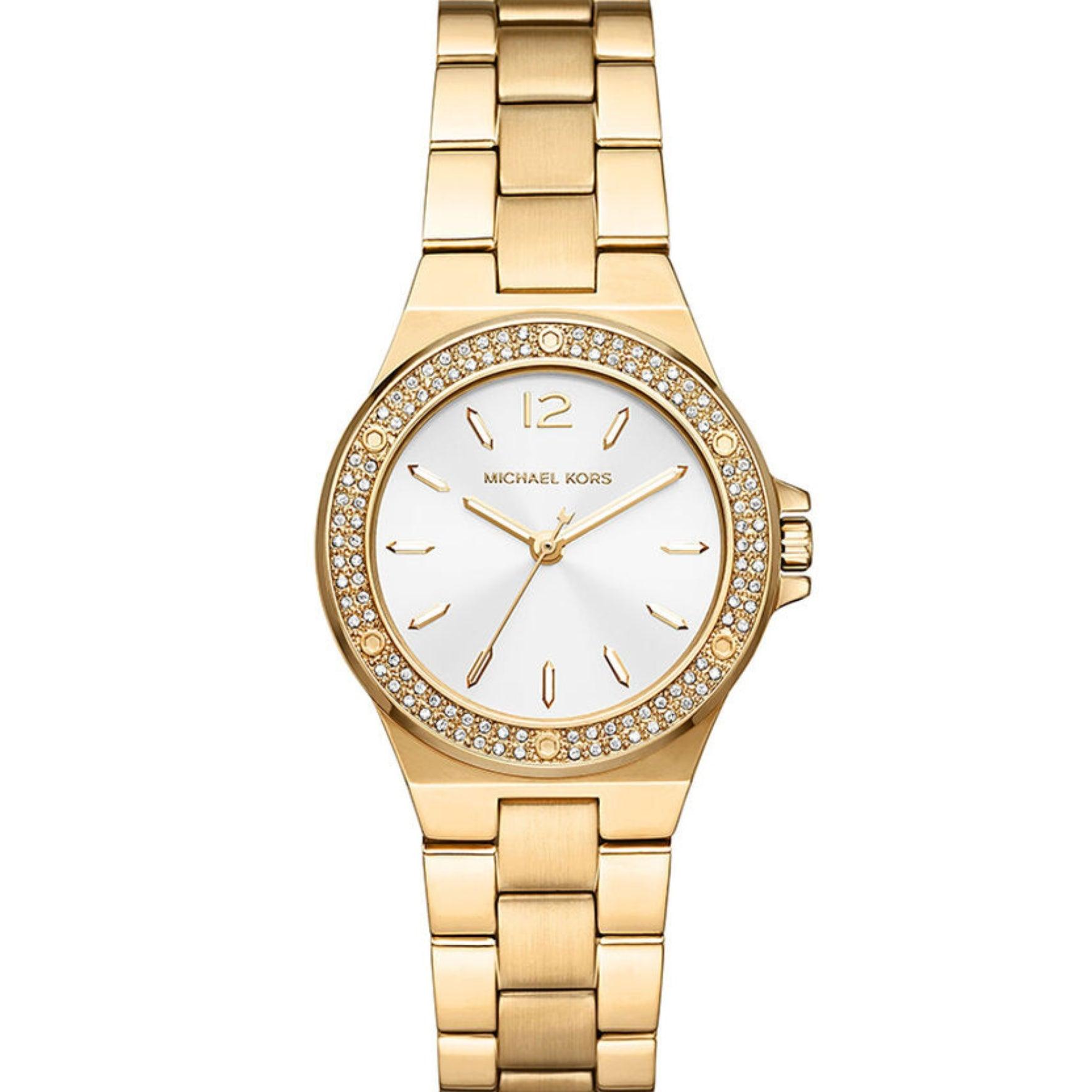 Γυναικείο ρολόι Michael Kors Lennox MK7278 με χρυσό ατσάλινο μπρασελέ, άσπρο καντράν και στρογγυλό στεφάνι 32mm με ζιργκόν.