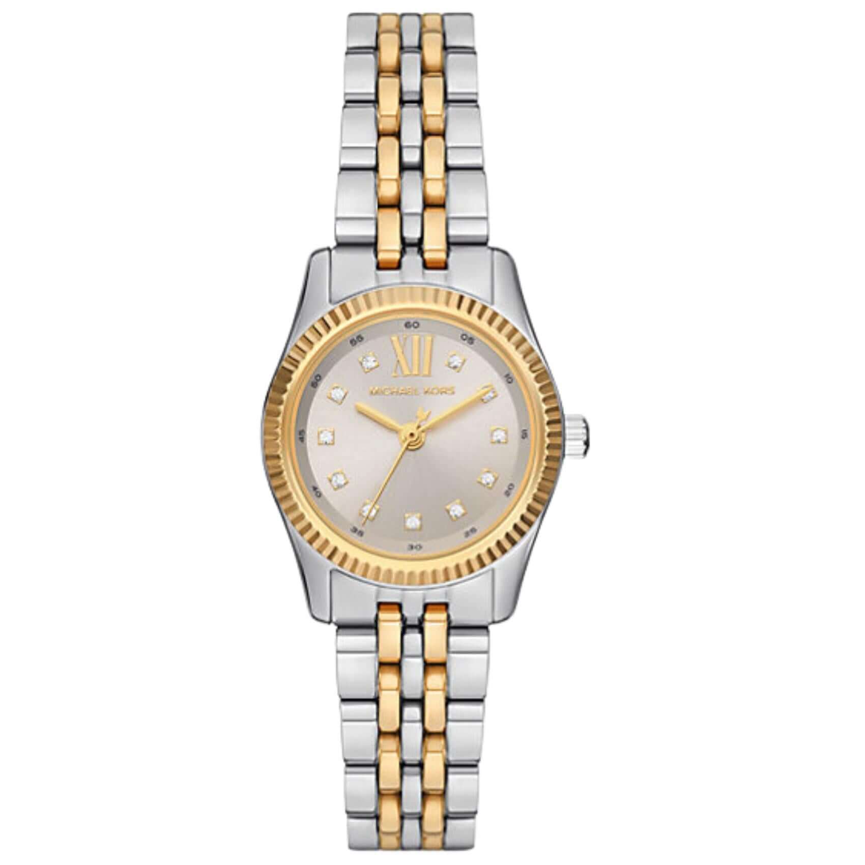 Σετ ρολόι με βραχιόλια Michael Kors Lexington MK4815 Set με δίχρωμο ατσάλινο μπρασελέ σε ασημί-χρυσό χρώμα και ασημί καντράν 26mm με ζιργκόν.