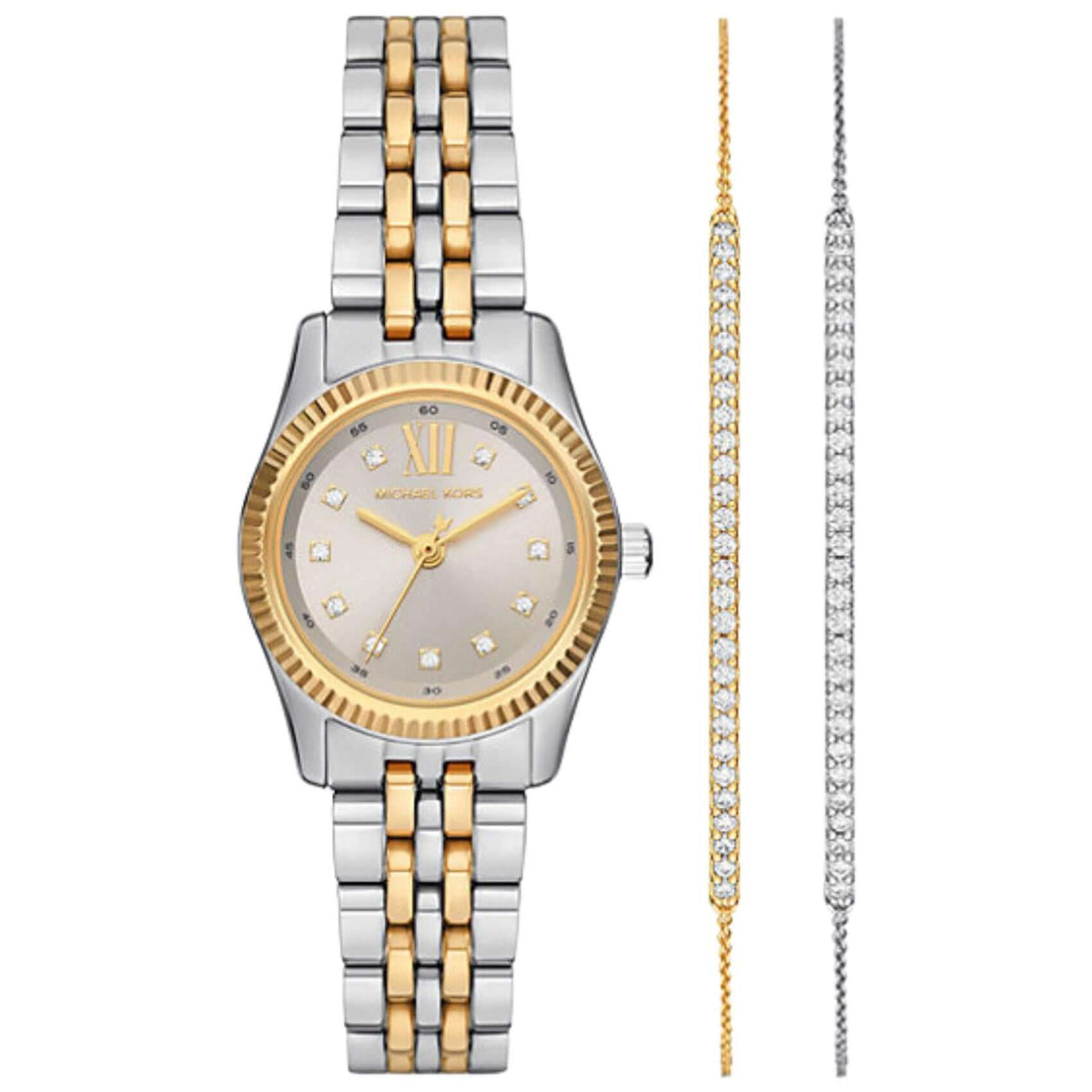 Σετ ρολόι με βραχιόλια Michael Kors Lexington MK4815 Set με δίχρωμο ατσάλινο μπρασελέ σε ασημί-χρυσό χρώμα και ασημί καντράν 26mm με ζιργκόν.