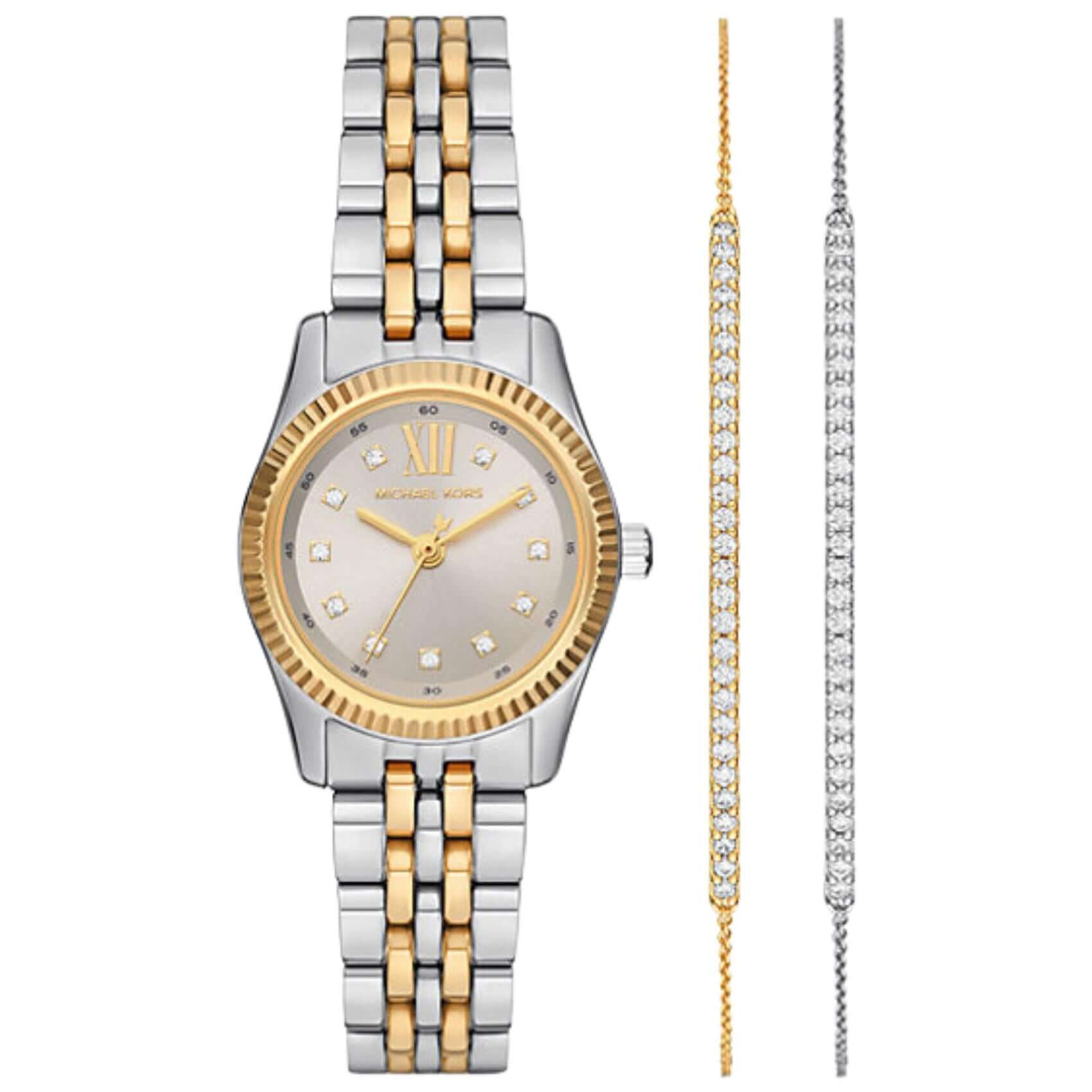 Σετ ρολόι με βραχιόλια Michael Kors Lexington MK4815 Set με δίχρωμο ατσάλινο μπρασελέ σε ασημί-χρυσό χρώμα και ασημί καντράν 26mm με ζιργκόν.