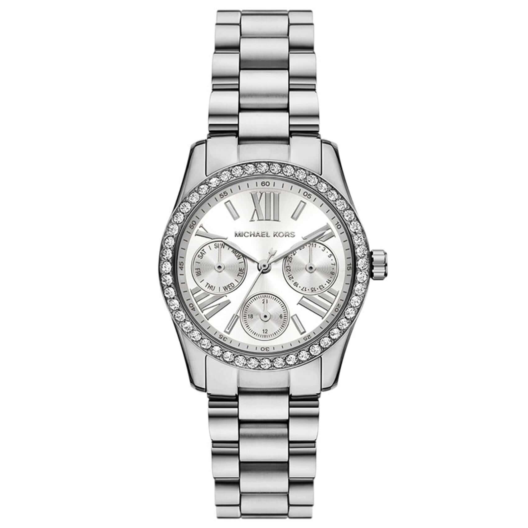 Γυναικείο ρολόι Michael Kors Lexington MK4979 με ασημί μπρασελέ από ανοξείδωτο ατσάλι, ασημί καντράν και κάσα 33mm με διακριτικά ζιργκόν, με στεγανότητα 5ATM κατάλληλο για κολύμβηση.