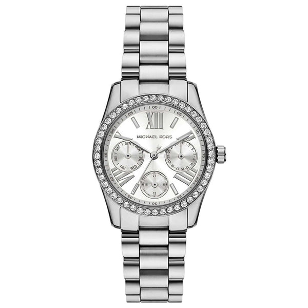 Γυναικείο ρολόι Michael Kors Lexington MK4979 με ασημί μπρασελέ από ανοξείδωτο ατσάλι, ασημί καντράν και κάσα 33mm με διακριτικά ζιργκόν, με στεγανότητα 5ATM κατάλληλο για κολύμβηση.