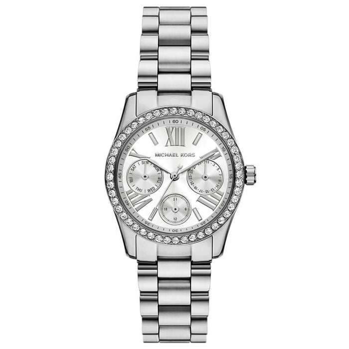 Γυναικείο ρολόι Michael Kors Lexington MK4979 με ασημί μπρασελέ από ανοξείδωτο ατσάλι, ασημί καντράν και κάσα 33mm με διακριτικά ζιργκόν, με στεγανότητα 5ATM κατάλληλο για κολύμβηση.