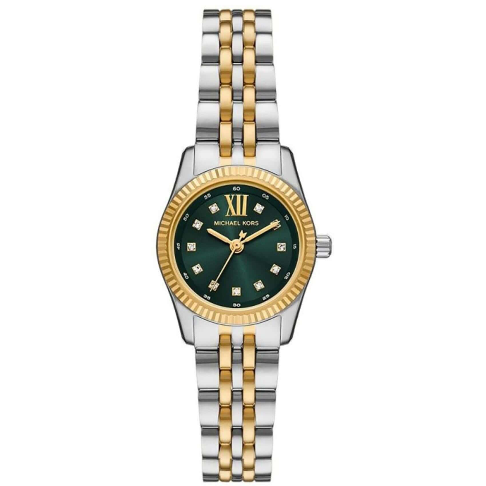 Γυναικείο ρολόι Michael Kors Lexington MK4986 με δίχρωμο ασημί-χρυσό μπρασελέ, πράσινο καντράν 26mm και διακριτικά ζιργκόν.
