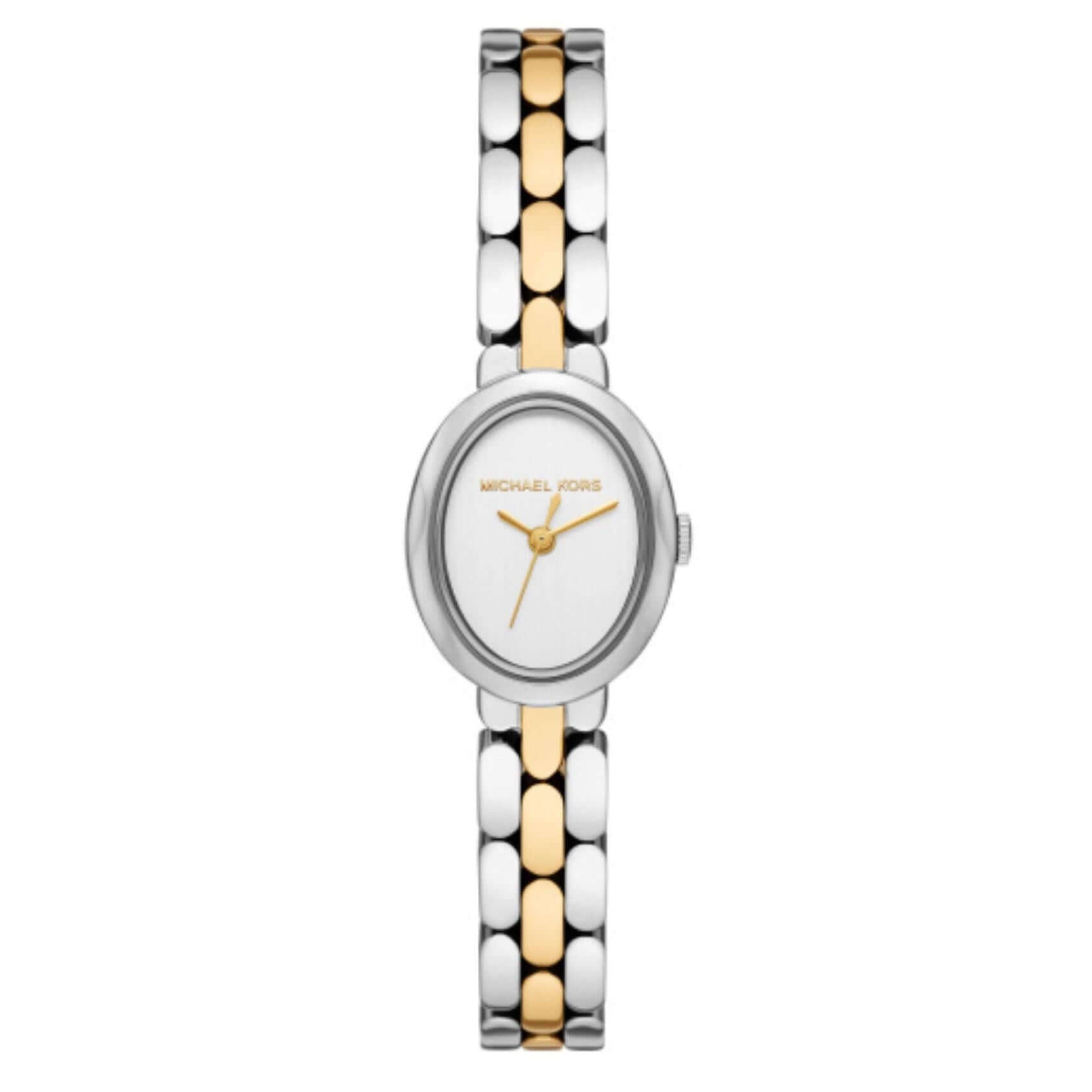 Γυναικείο ρολόι Michael Kors Maude MK4956 με δίχρωμο μπρασελέ ασημί–χρυσό, λευκό καντράν και κάσα 21mm σε minimal φωτογράφιση υψηλής ευκρίνειας