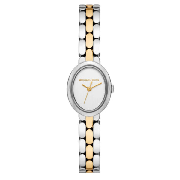 Γυναικείο ρολόι Michael Kors Maude MK4956 με δίχρωμο μπρασελέ ασημί–χρυσό, λευκό καντράν και κάσα 21mm σε minimal φωτογράφιση υψηλής ευκρίνειας