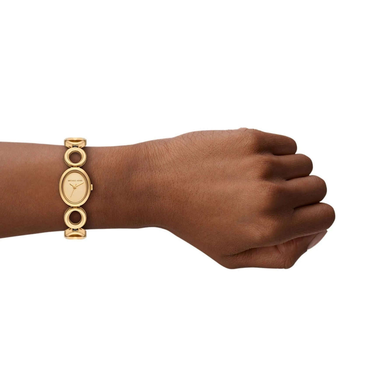 Φωτογραφία του χρυσού καντράν του Michael Kors Maude MK4957 με λιτό σχεδιασμό και τζαμάκι από ορυκτό κρύσταλλο ειδικής σκλήρυνσης