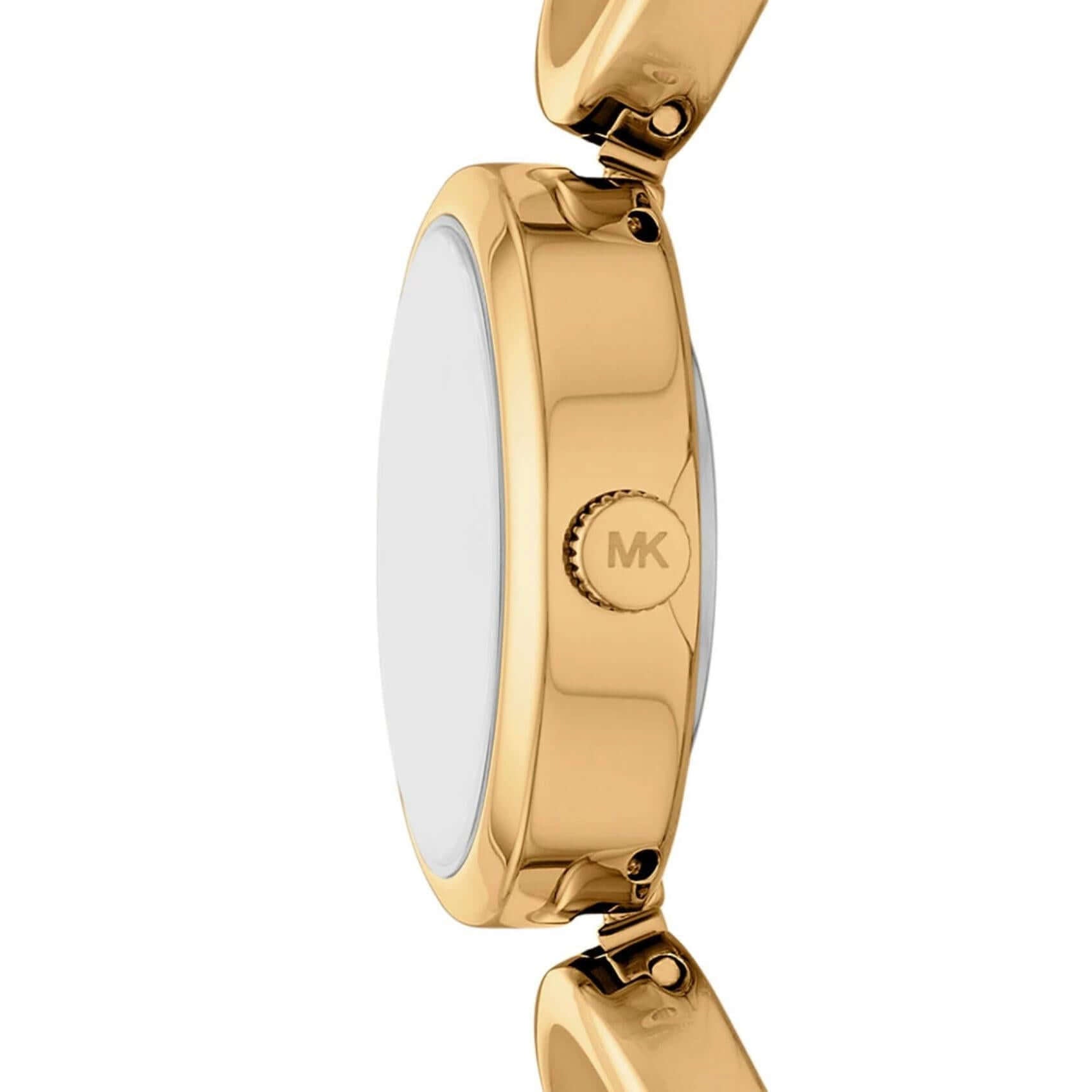 Πλάγια λήψη του Michael Kors Maude MK4957 που αναδεικνύει την κάσα 22mm και το χρυσό ατσάλινο μπρασελέ.