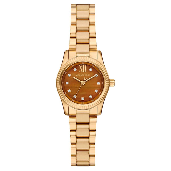 Γυναικείο ρολόι Michael Kors Petite Lexington Pavé MK7578 με χρυσό ατσάλινο μπρασελέ, καφέ καντράν 26 mm με ζιργκόν, quartz μηχανισμό και στεγανότητα 5ATM. 