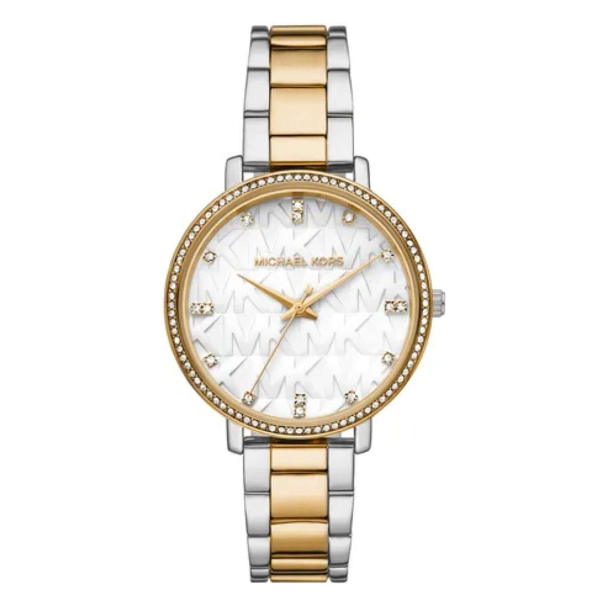Γυναικείο ρολόι Michael Kors Pyper MK4918 με δίχρωμο ασημί-χρυσό μπρασελέ, λευκό καντράν 38mm και διακριτικά ζιργκόν.