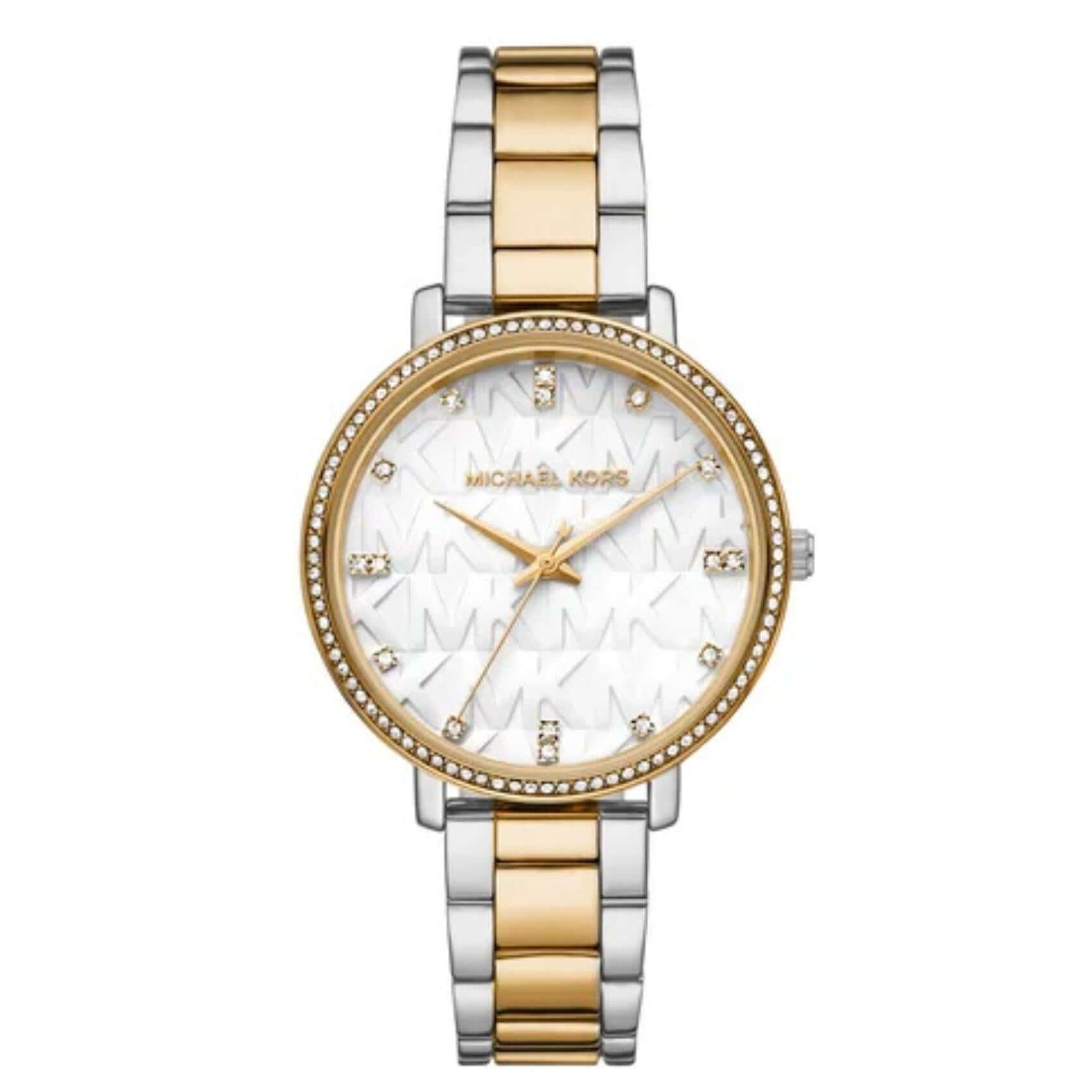 Γυναικείο ρολόι Michael Kors Pyper MK4918 με δίχρωμο ασημί-χρυσό μπρασελέ, λευκό καντράν 38mm και διακριτικά ζιργκόν.