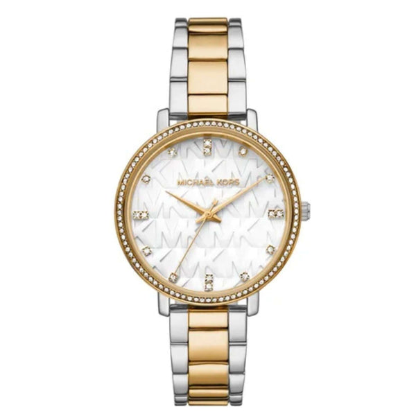 Γυναικείο ρολόι Michael Kors Pyper MK4918 με δίχρωμο ασημί-χρυσό μπρασελέ, λευκό καντράν 38mm και διακριτικά ζιργκόν.