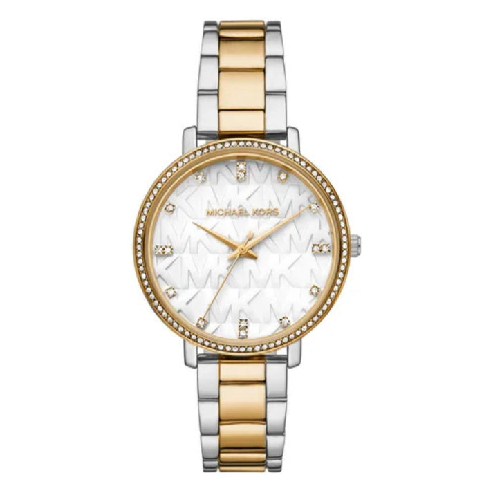 Γυναικείο ρολόι Michael Kors Pyper MK4918 με δίχρωμο ασημί-χρυσό μπρασελέ, λευκό καντράν 38mm και διακριτικά ζιργκόν.