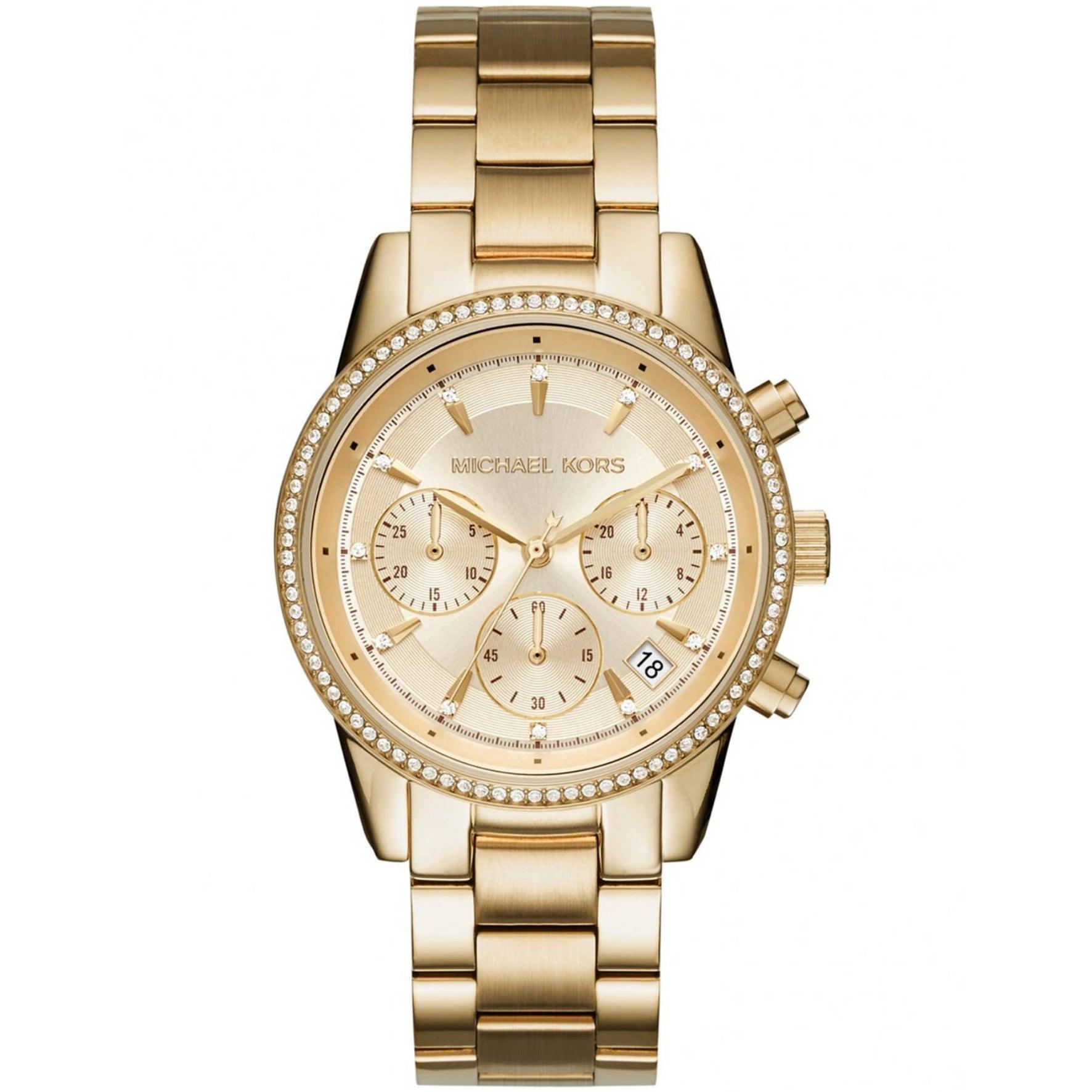 Γυναικείο ρολόι Michael Kors Ritz MK6356 με χρονογράφο, χρυσό μπρασελέ από ανοξείδωτο ατσάλι και κάσα σε στρογγυλό σχήμα διακοσμημένη με ζιργκόν.