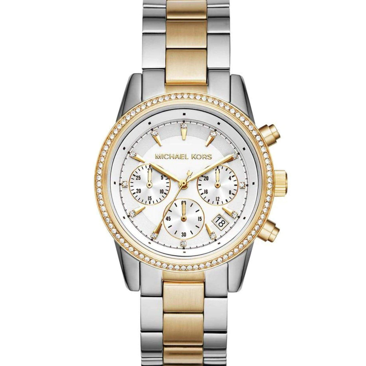 Γυναικείο ρολόι Michael Kors Ritz MK6474 χρονογράφος με δίχρωμο ατσάλινο μπρασελέ σε χρυσό-ασημί χρώμα άσπρο καντράν με ημερομηνία και στεφάνι 37mm με ζιργκόν.