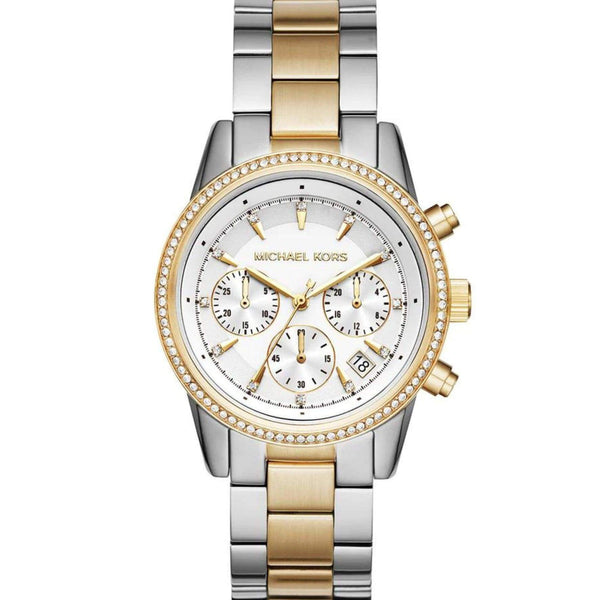 Γυναικείο ρολόι Michael Kors Ritz MK6474 χρονογράφος με δίχρωμο ατσάλινο μπρασελέ σε χρυσό-ασημί χρώμα άσπρο καντράν με ημερομηνία και στεφάνι 37mm με ζιργκόν.