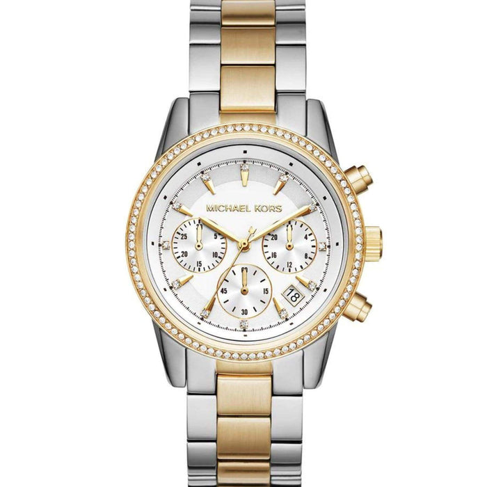 Γυναικείο ρολόι Michael Kors Ritz MK6474 χρονογράφος με δίχρωμο ατσάλινο μπρασελέ σε χρυσό-ασημί χρώμα άσπρο καντράν με ημερομηνία και στεφάνι 37mm με ζιργκόν.