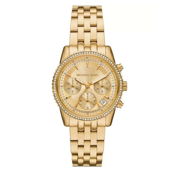 Γυναικείο ρολόι Michael Kors Ritz MK7530 χρονογράφος με χρυσό ατσάλινο μπρασελέ, χρυσό κάντραν 34mm με ζιργκόν και ημερομηνία.
