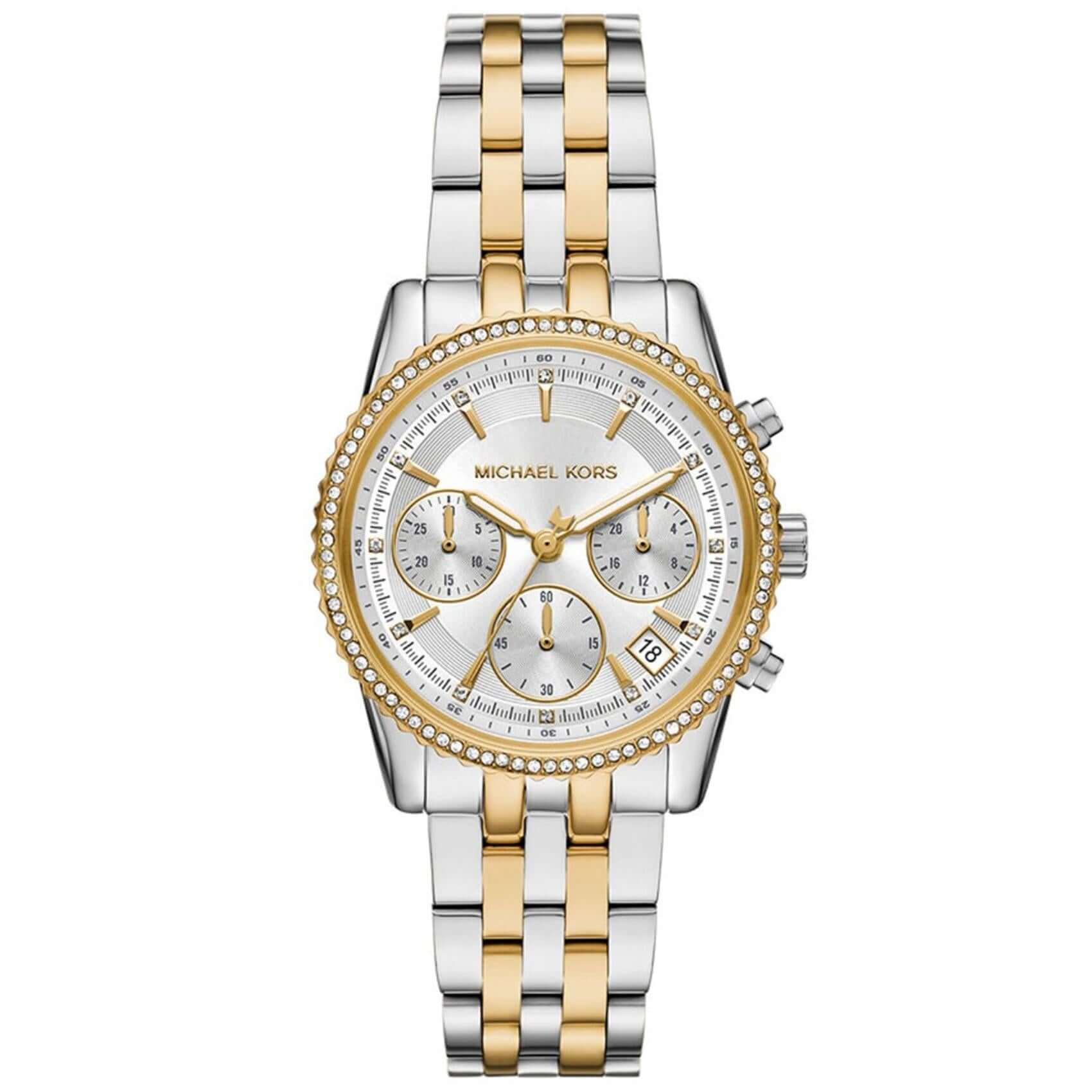Γυναικείο ρολόι χρονογράφος Michael Kors Ritz MK7532 με δίχρωμο ατσάλινο μπρασελέ σε ασημί-χρυσό χρώμα και λευκό κάντραν 34mm με ζιργκόν.