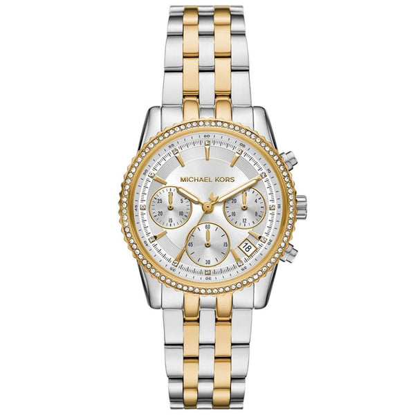 Γυναικείο ρολόι χρονογράφος Michael Kors Ritz MK7532 με δίχρωμο ατσάλινο μπρασελέ σε ασημί-χρυσό χρώμα και λευκό κάντραν 34mm με ζιργκόν.