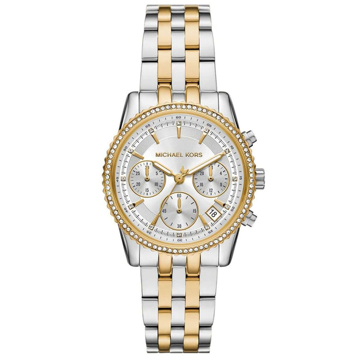 Γυναικείο ρολόι χρονογράφος Michael Kors Ritz MK7532 με δίχρωμο ατσάλινο μπρασελέ σε ασημί-χρυσό χρώμα και λευκό κάντραν 34mm με ζιργκόν.