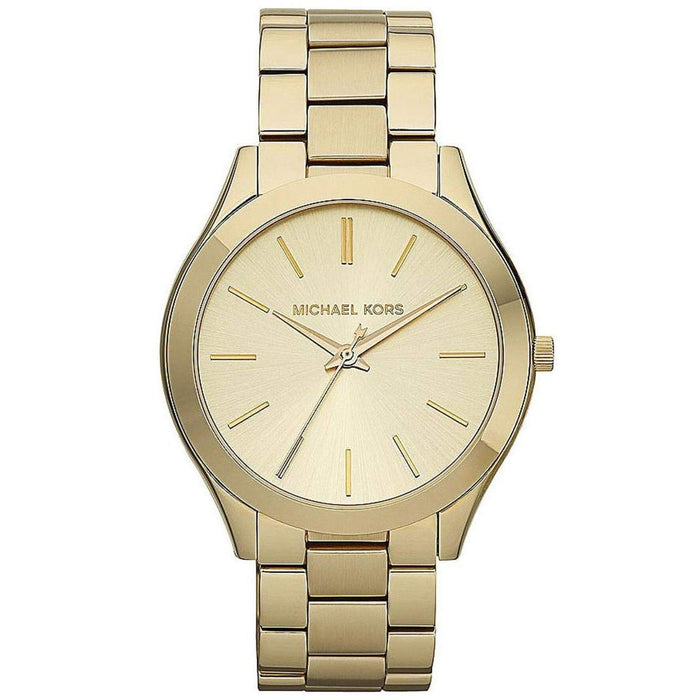 Γυναικείο ρολόι Michael Kors Slim Runway MK3179 με χρυσό ατσάλινο μπρασελέ, στρογγυλό χρυσό καντράν και στεφάνι 42mm.