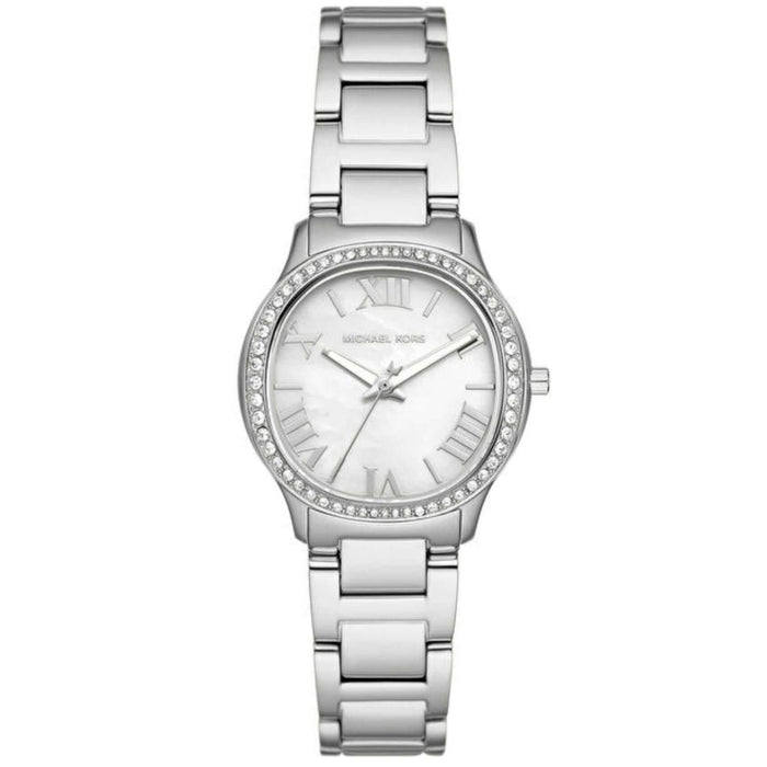 Γυναικείο ρολόι Michael Kors Sage MK4824 με ασημί μπρασελέ από ανοξείδωτο ατσάλι και άσπρο φίλντισι καντράν 31mm με  ζιργκόν.