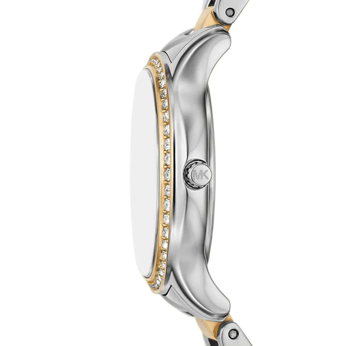Γυναικείο ρολόι Michael Kors Sage MK4910 με δίχρωμο ατσάλινο μπρασελέ σε ασημί-χρυσό χρώμα και άσπρο φίλντισι καντράν 31mm με ζιργκόν, πλαϊνή όψη.